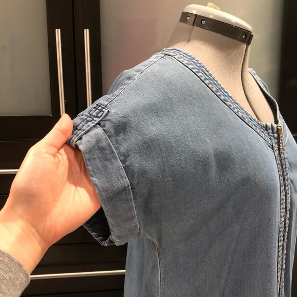 Chambray Zip Drop Shoulder Shirt Dress Pockets - Picture 3 of 13